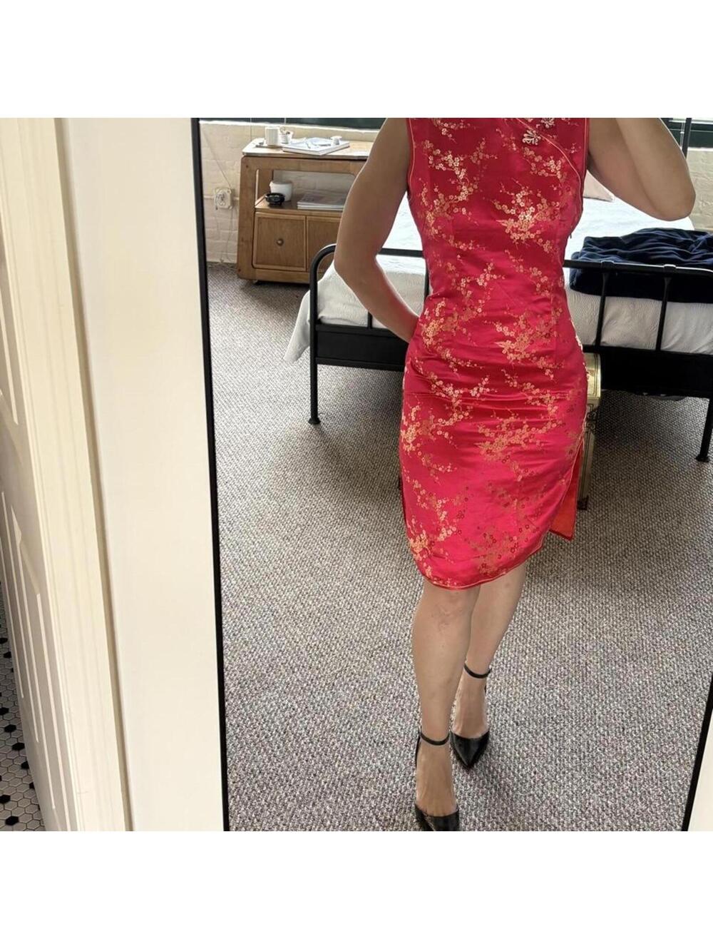 Red silk dress with gold floral embroidery